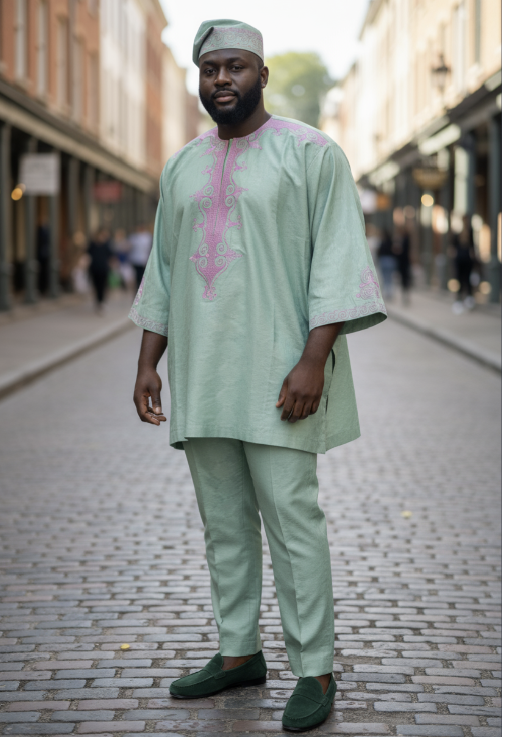 Green dashiki top with pink embroidered panels and matching pants from Dupsie's African Fashion, showcasing traditional brocade motifs with a modern silhouette