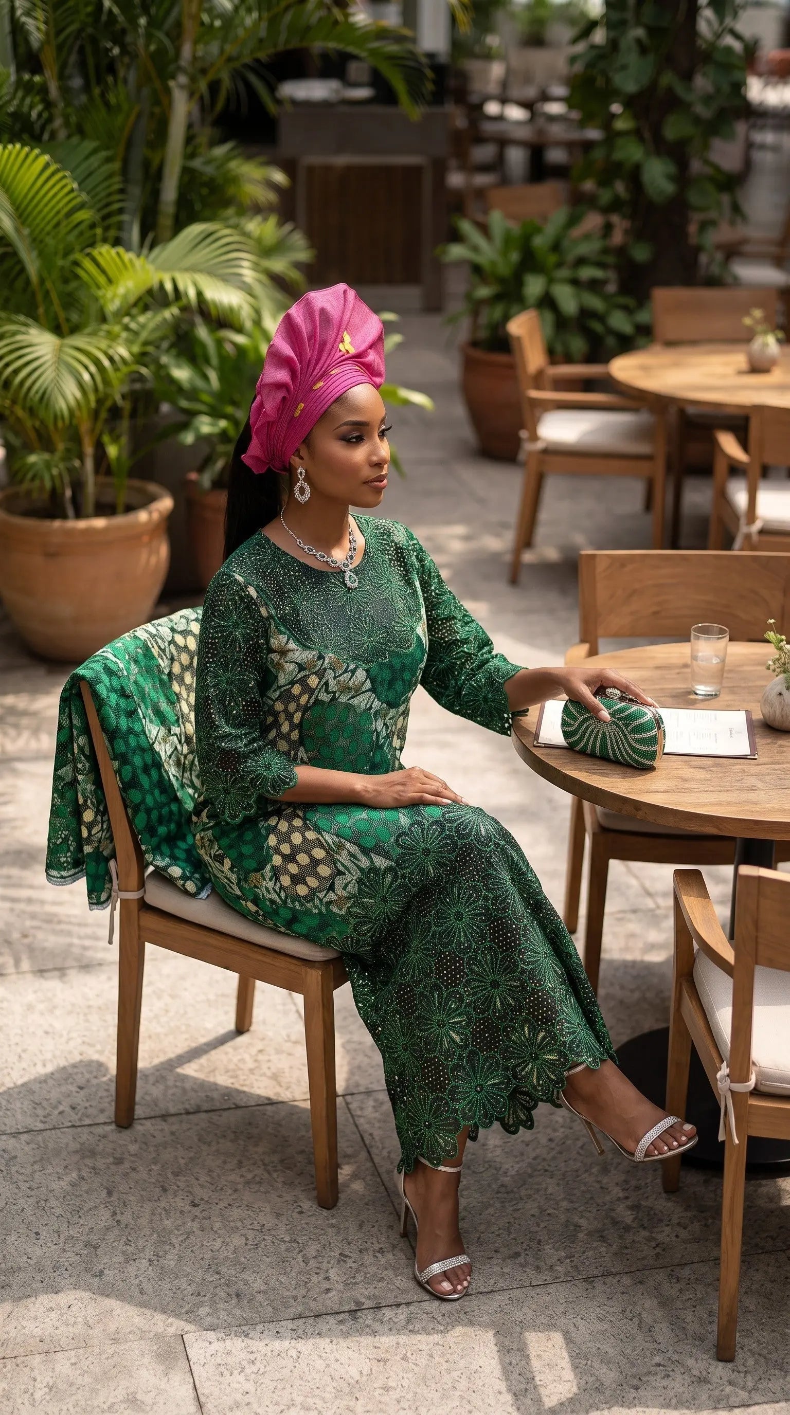 Sukke Green African Embroidered Rhinestone Ankara Maxi Dress for Women | Nigerian Party Dress | Dupsie's African Fashion DPDGRGRS9