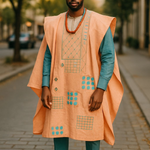Handwoven peach and teal Aso Oke fabric – authentic African textile detail used in Yoruba Agbada robe by Dupsie’s African Fashion