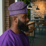 Handwoven Aso Oke Yoruba fila African hat showcasing African men fashion and premium African clothing by Dupsie’s.