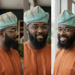 Handwoven Aso Oke Yoruba fila hat in mint green with orange gold and silver designs styled as luxury African clothing for men