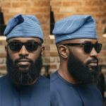 Handwoven Nigerian Aso Oke Yoruba fila hat for African clothing for men in light-blue navy and silver