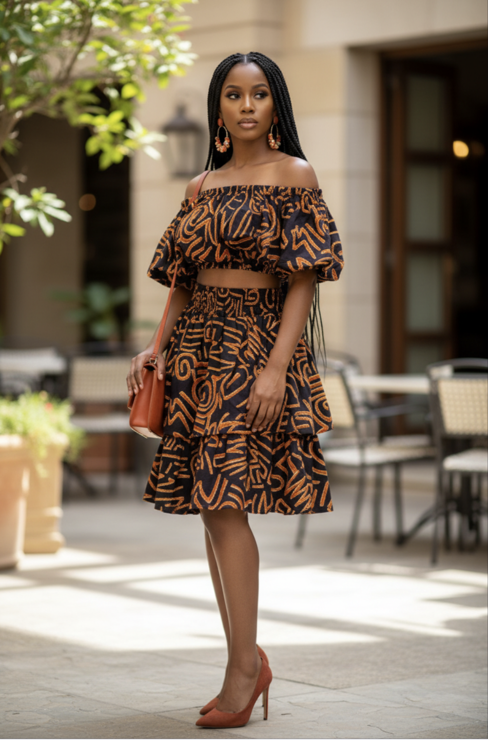 Idisa African Print Elastic Waist Skirt and Crop Top Ensemble in Brown and Rust
