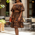 Idisa African Print Elastic Waist Skirt and Crop Top Ensemble in Brown and Rust