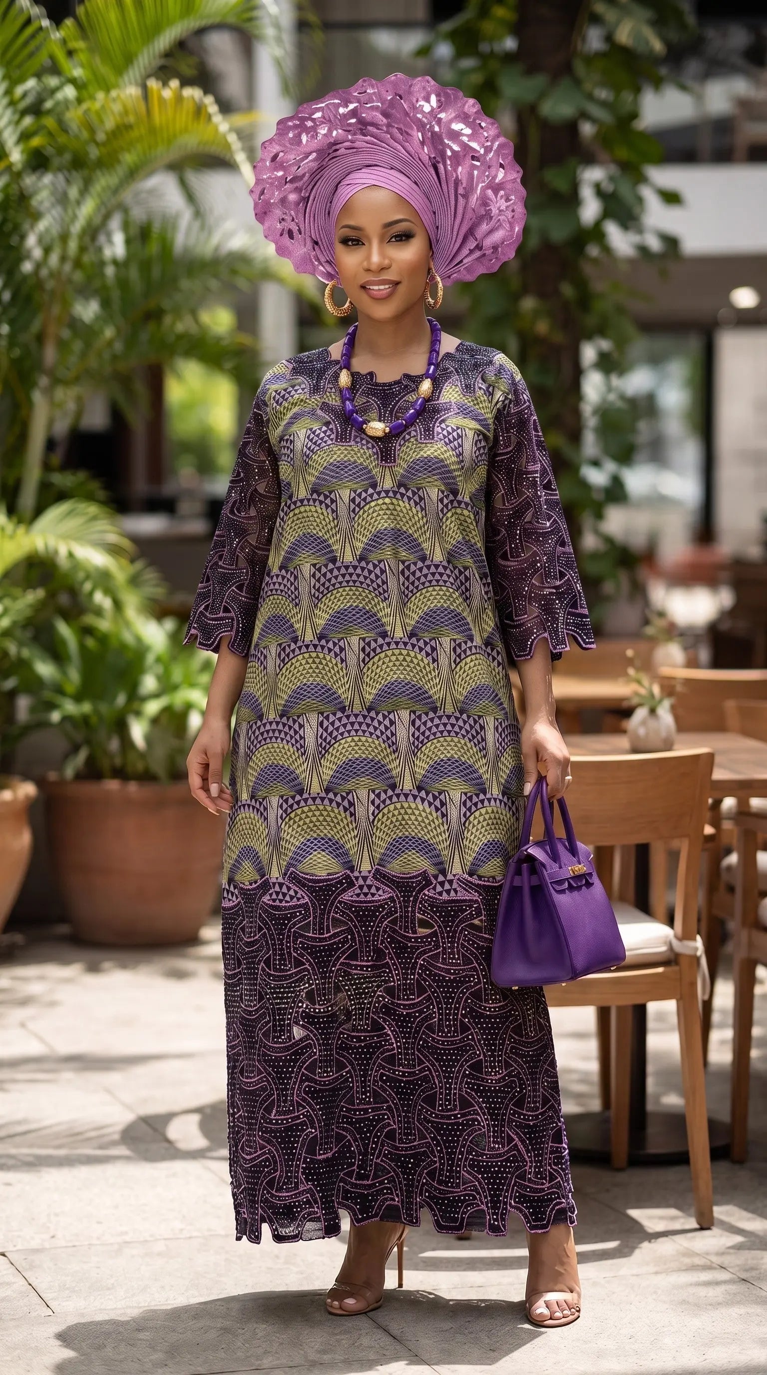 Ijooya African Embroidered Rhinestone Maxi Dress for Women