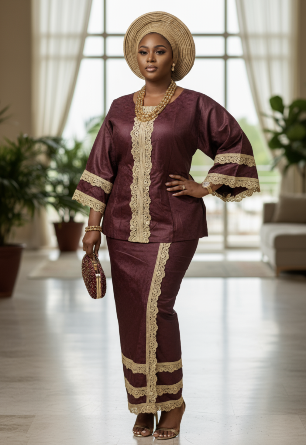 Elegant burgundy African brocade top with lace trimming by Dupsie's African Fashion