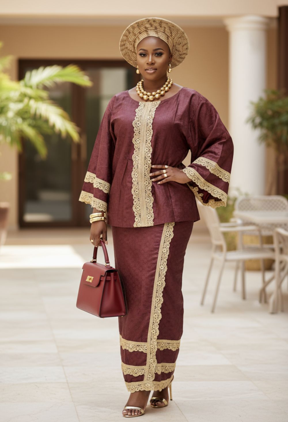 Intricate detailing of Efee ensemble showcasing luxurious brocade fabric