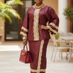 Intricate detailing of Efee ensemble showcasing luxurious brocade fabric