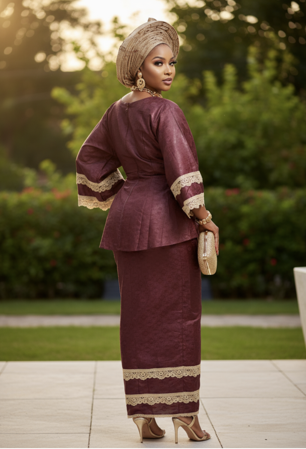 Woman wearing Efee ensemble at an African wedding, exuding elegance