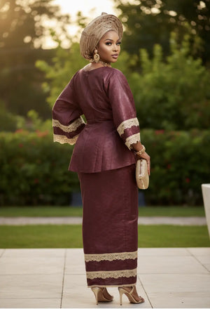 burgundy african bridesmaid dresses Elegant Efee Burgundy African Brocade Top & Lace Trimmed Wrap Skirt by