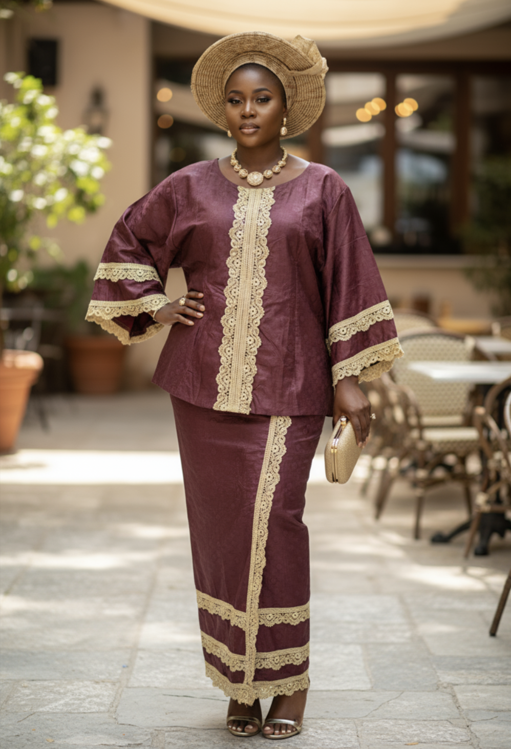 Burgundy lace trimmed wrap skirt complementing the African brocade top