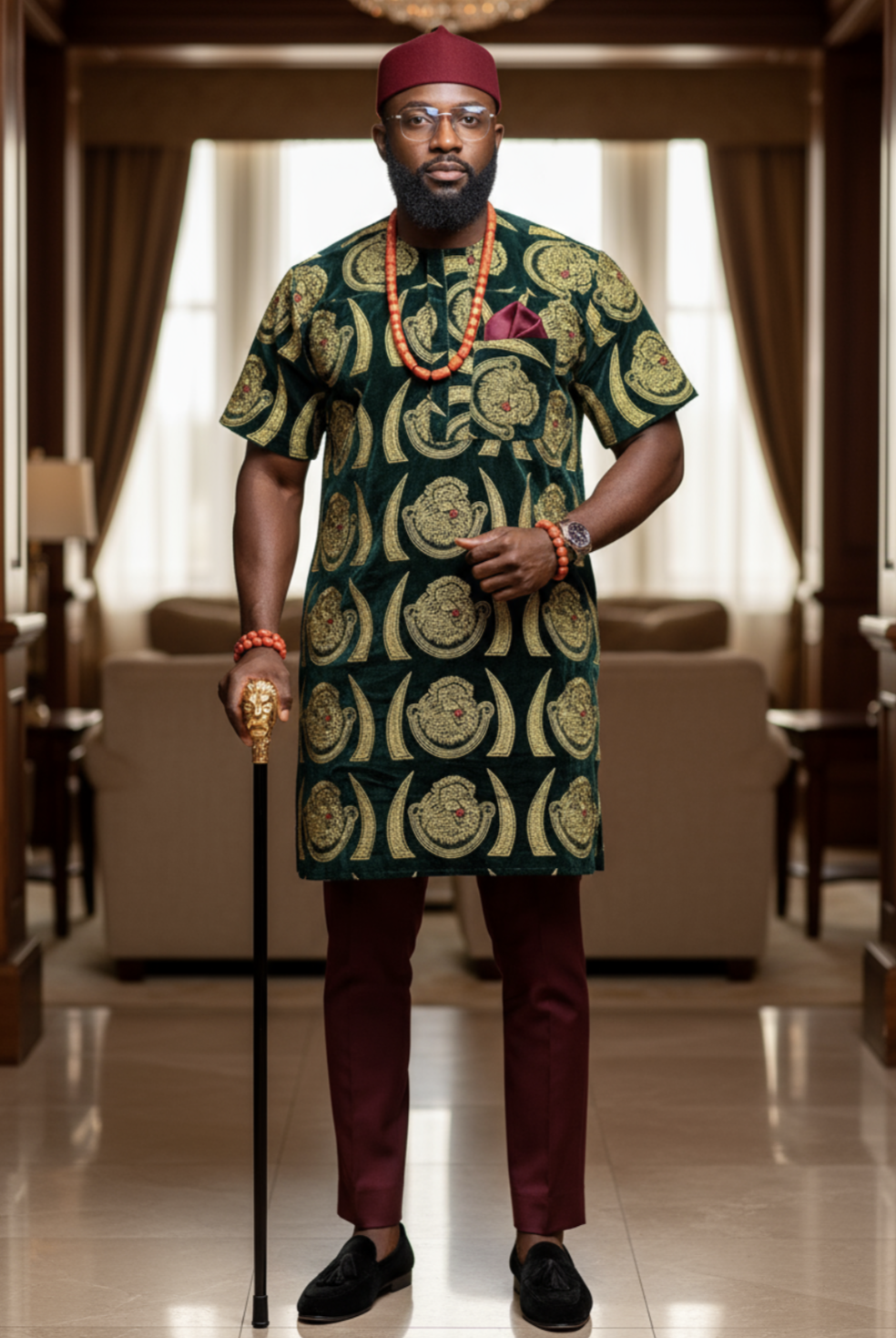 Man wearing a luxurious Green and Gold Velvet Isiagu with maroon trousers, exuding elegance in traditional Nigerian fashion