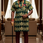 Man wearing a luxurious Green and Gold Velvet Isiagu with maroon trousers, exuding elegance in traditional Nigerian fashion