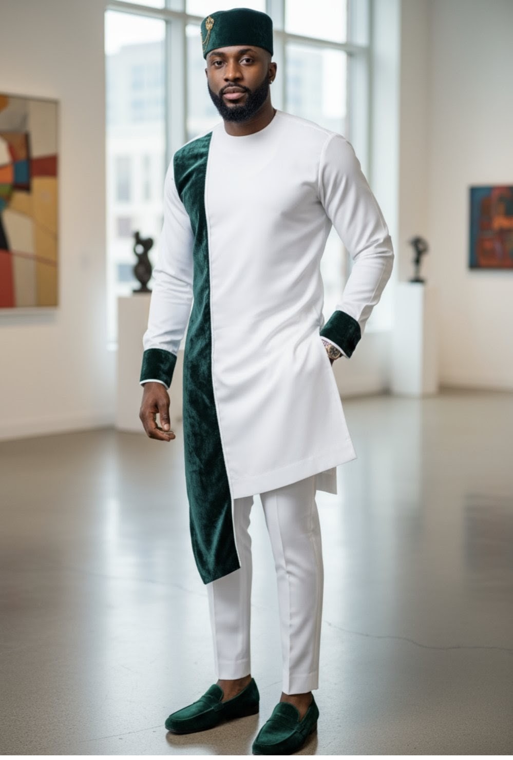 Ivory Off-White African Senator Dashiki top with Green Velvet trim by Dupsie's African Fashion, paired with matching ivory drawstring pants. 