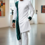 Ivory Off-White African Senator Dashiki top with Green Velvet trim by Dupsie's African Fashion, paired with matching ivory drawstring pants. 