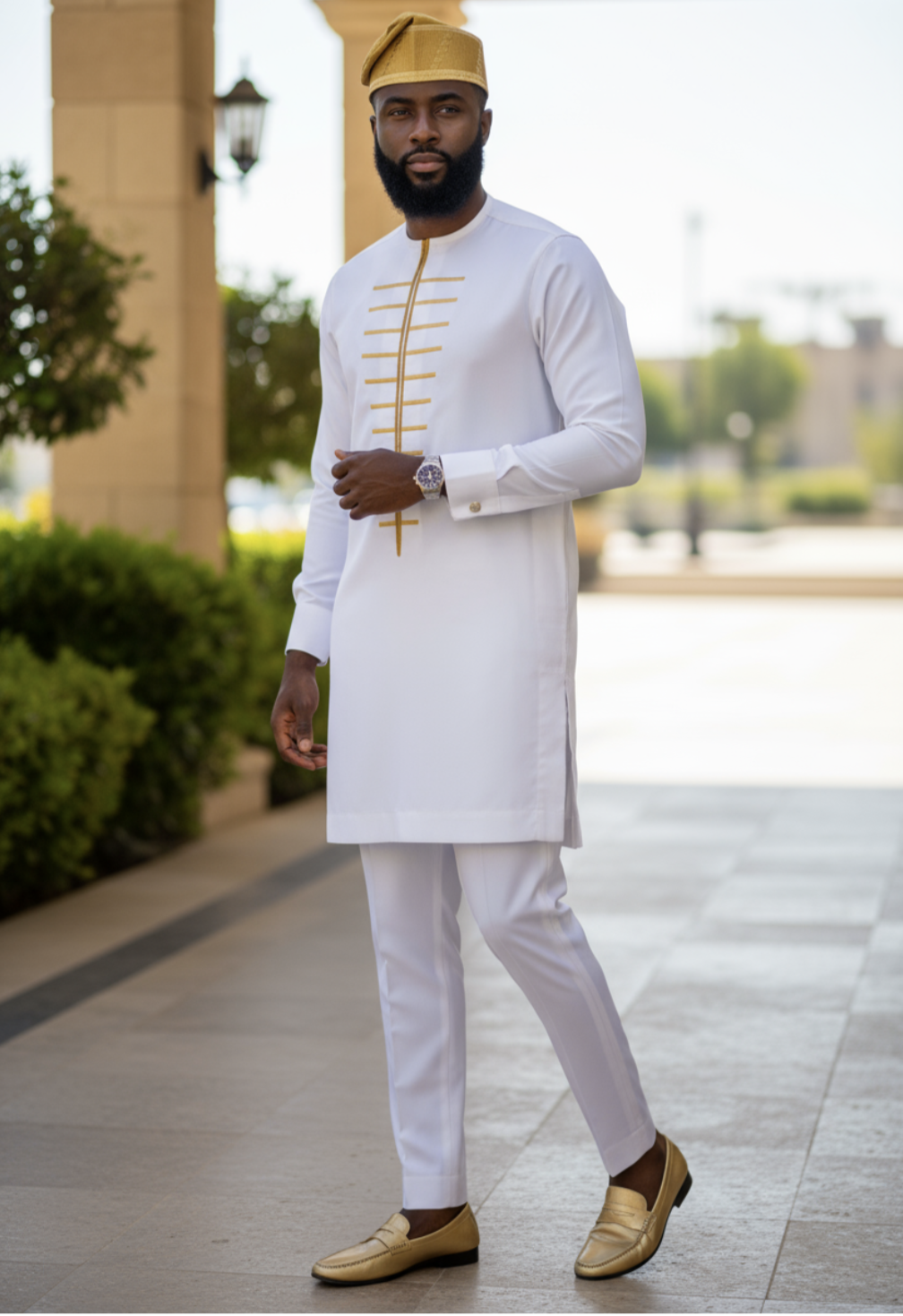 Ivory Off-White Slim-fit African Senator Dashiki Top with Gold Embroidery Design by Dupsie's African Fashion 