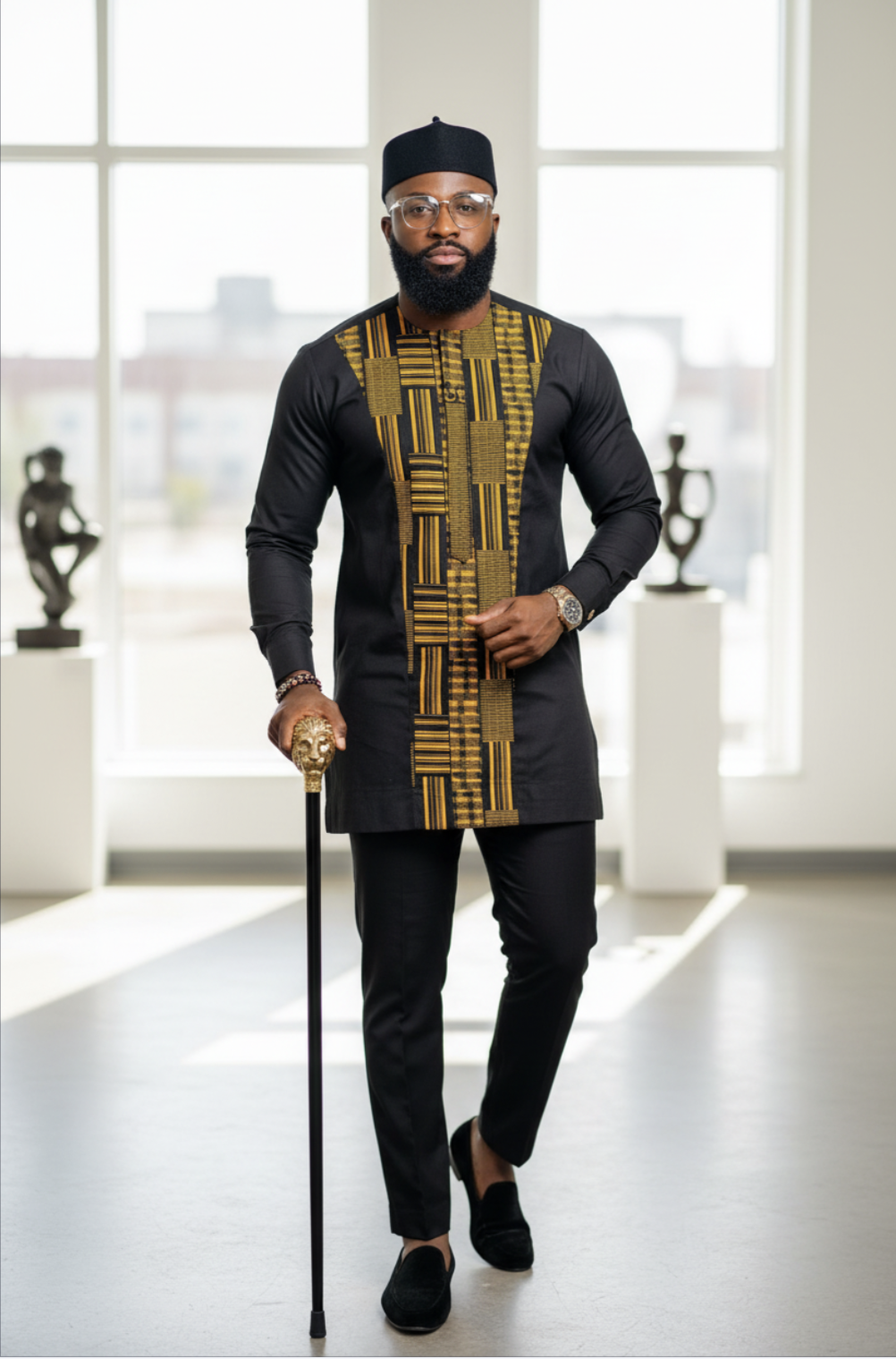 Jato Black African Senator Dashiki Top with Gold Kente Pattern and Matching Pants by Dupsie's African Fashion