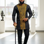 Jato Black African Senator Dashiki Top with Gold Kente Pattern and Matching Pants by Dupsie's African Fashion
