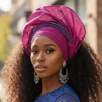 Front view of Jawumi Aso Oke Autogele head wrap in fuchsia and blue.