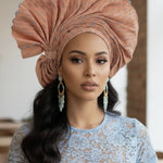 Front view of Jibike Peach and Blue Aso Oke Autogele head wrap showcasing its elegant design.