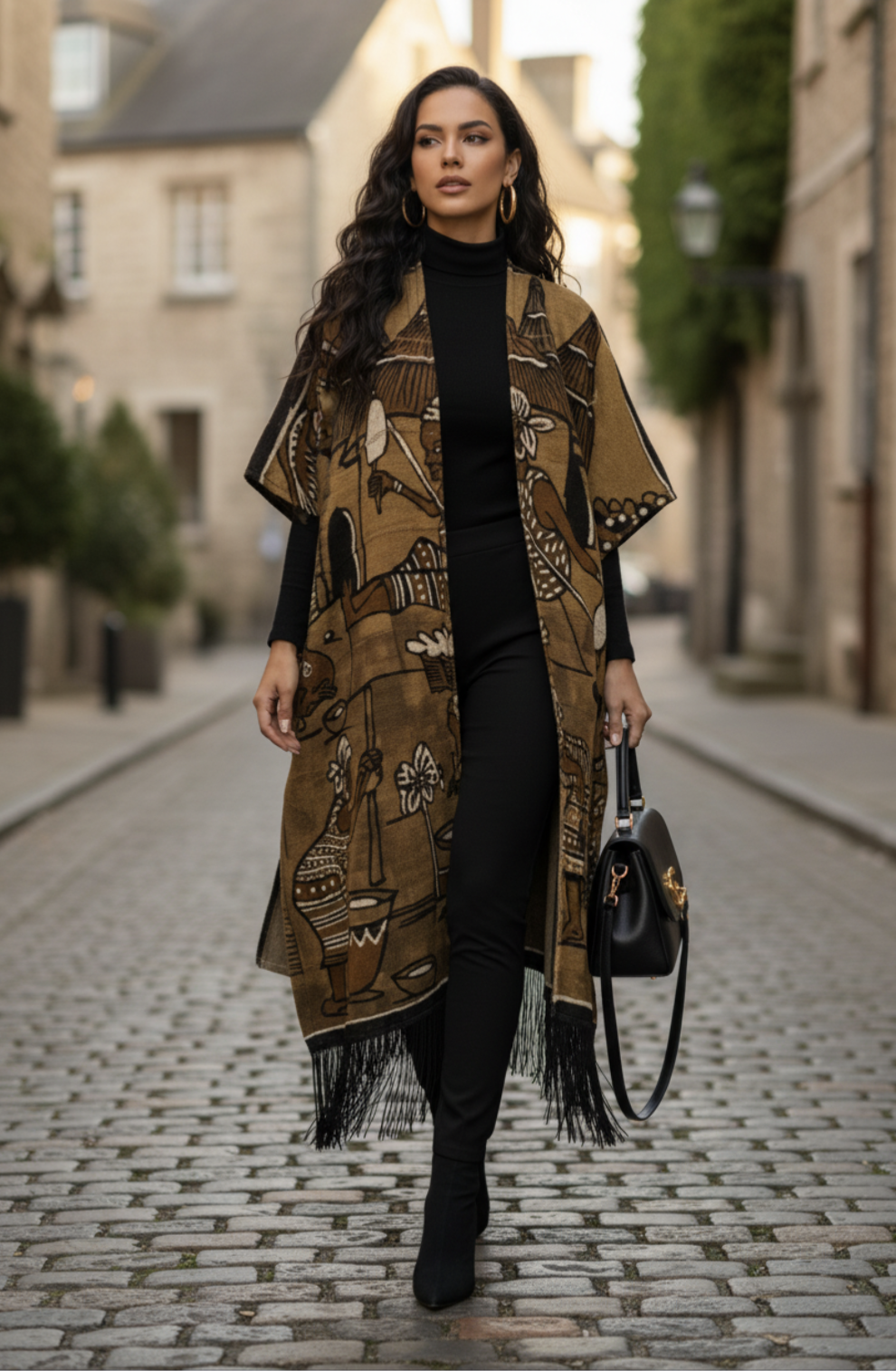 Brown, black, and beige African mud cloth kimono dress showcasing intricate village patterns.