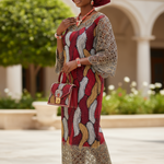 Embroidered neckline and sleeves on the Kweshara dress with decorative holes and rhinestones.