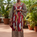 Kweshara dress — rhinestone-embellished African print Ankara dress for women in red, burgundy, brown, silver, and gold