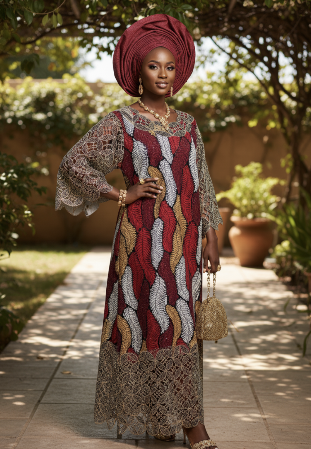 Kweshara rhinestone-embellished African Print Ankara dress for women in red, burgundy, brown, silver, and gold, with embroidered neckline, sleeves, and hem featuring decorative holes; pull-over design with no zipper; center-back slit; burgundy Autogele hat shown sold separately