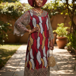 Kweshara rhinestone-embellished African Print Ankara dress for women in red, burgundy, brown, silver, and gold, with embroidered neckline, sleeves, and hem featuring decorative holes; pull-over design with no zipper; center-back slit; burgundy Autogele hat shown sold separately