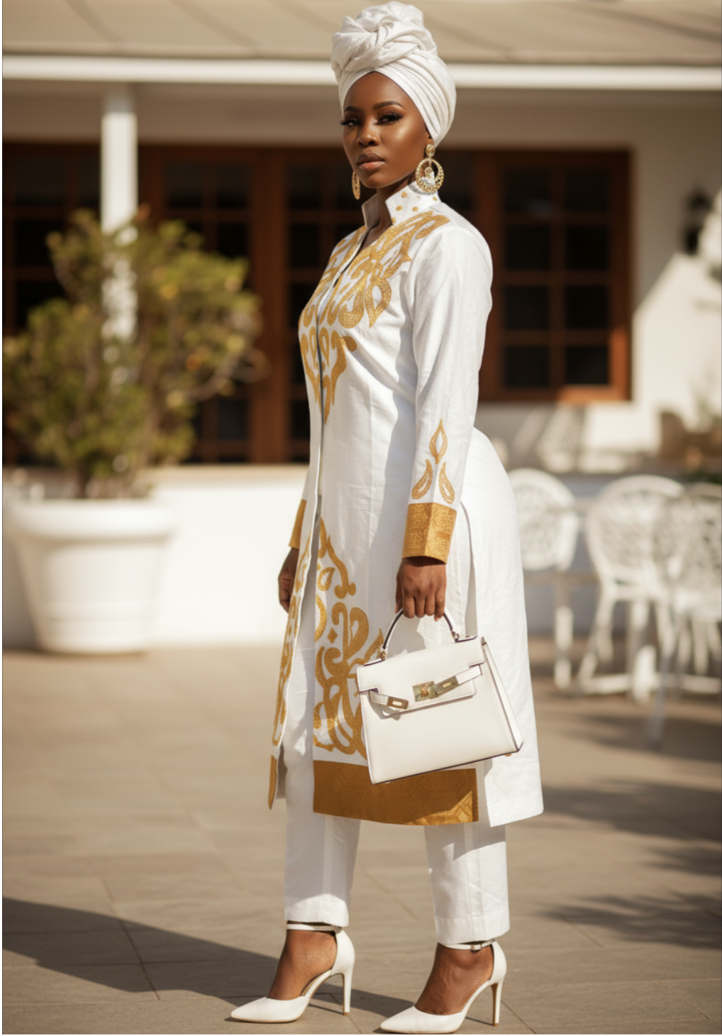 Dupsie's LaToya White and Gold Embroidered Pantsuit Set displayed on a model