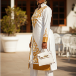 Dupsie's LaToya White and Gold Embroidered Pantsuit Set displayed on a model