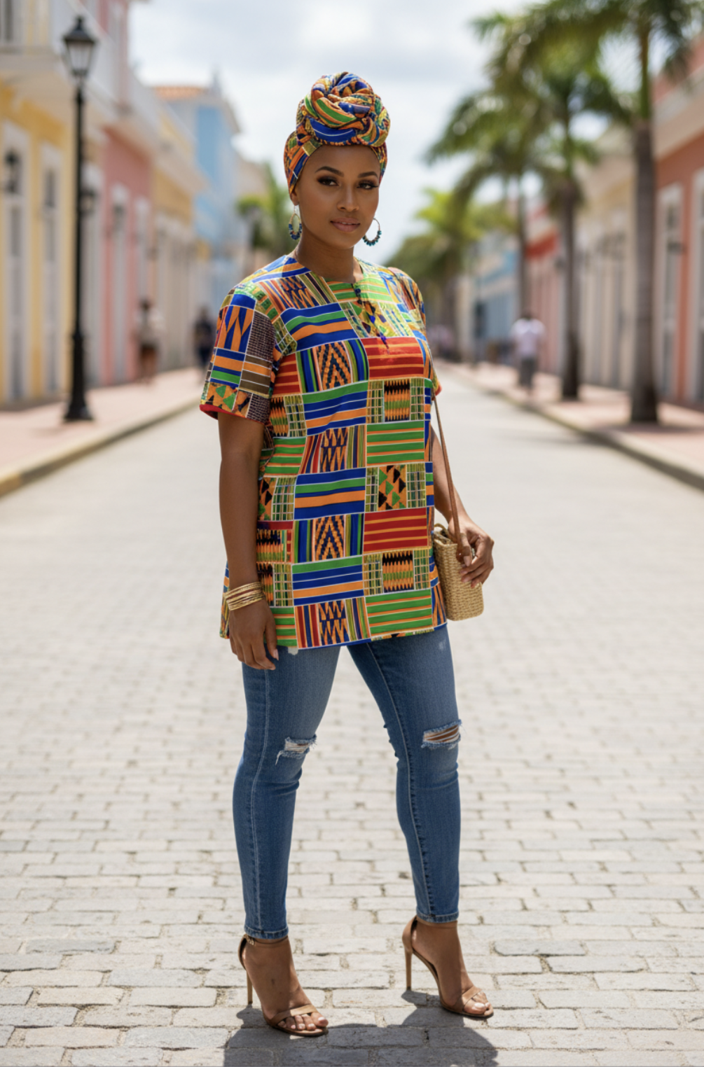 Woman wearing the Lema Dashiki top with vibrant colors symbolizing African heritage