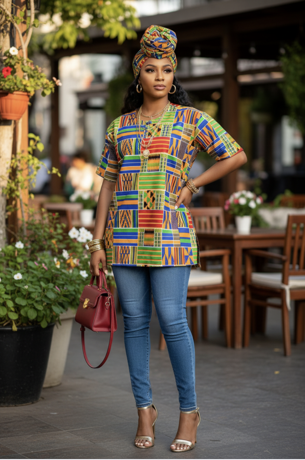 Multicolored Kente African print Dashiki top for women by Dupsie's African Fashion.