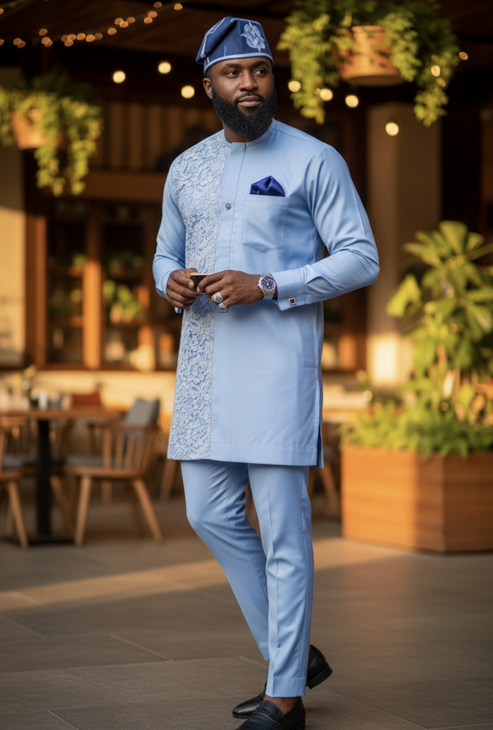 Light-blue African Senator suit showcasing stylish Dashiki top
