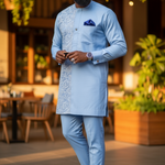 Light-blue African Senator suit showcasing stylish Dashiki top