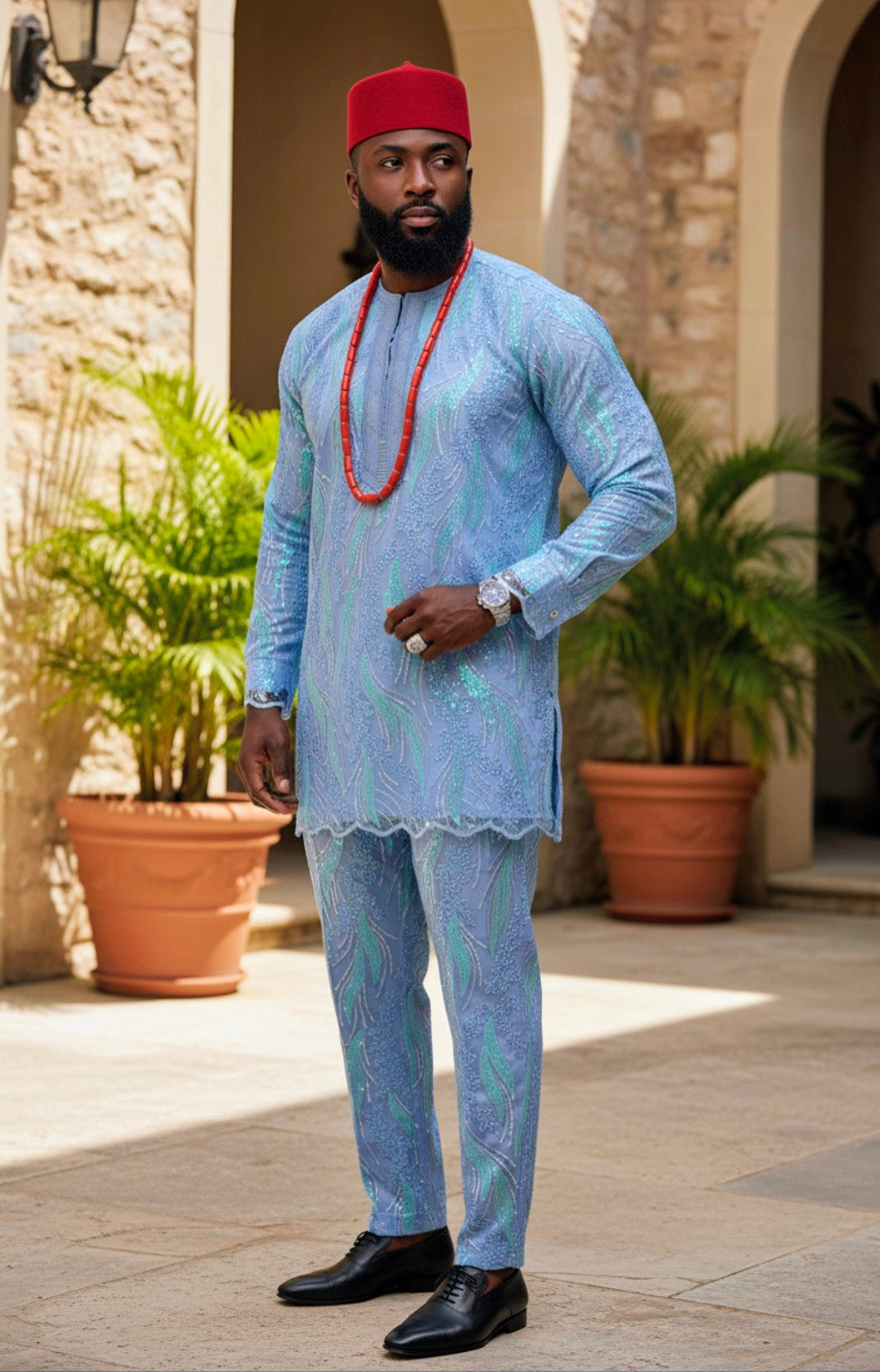 Light Blue African Sequin Lace Dashiki Top with Floral Embroidery