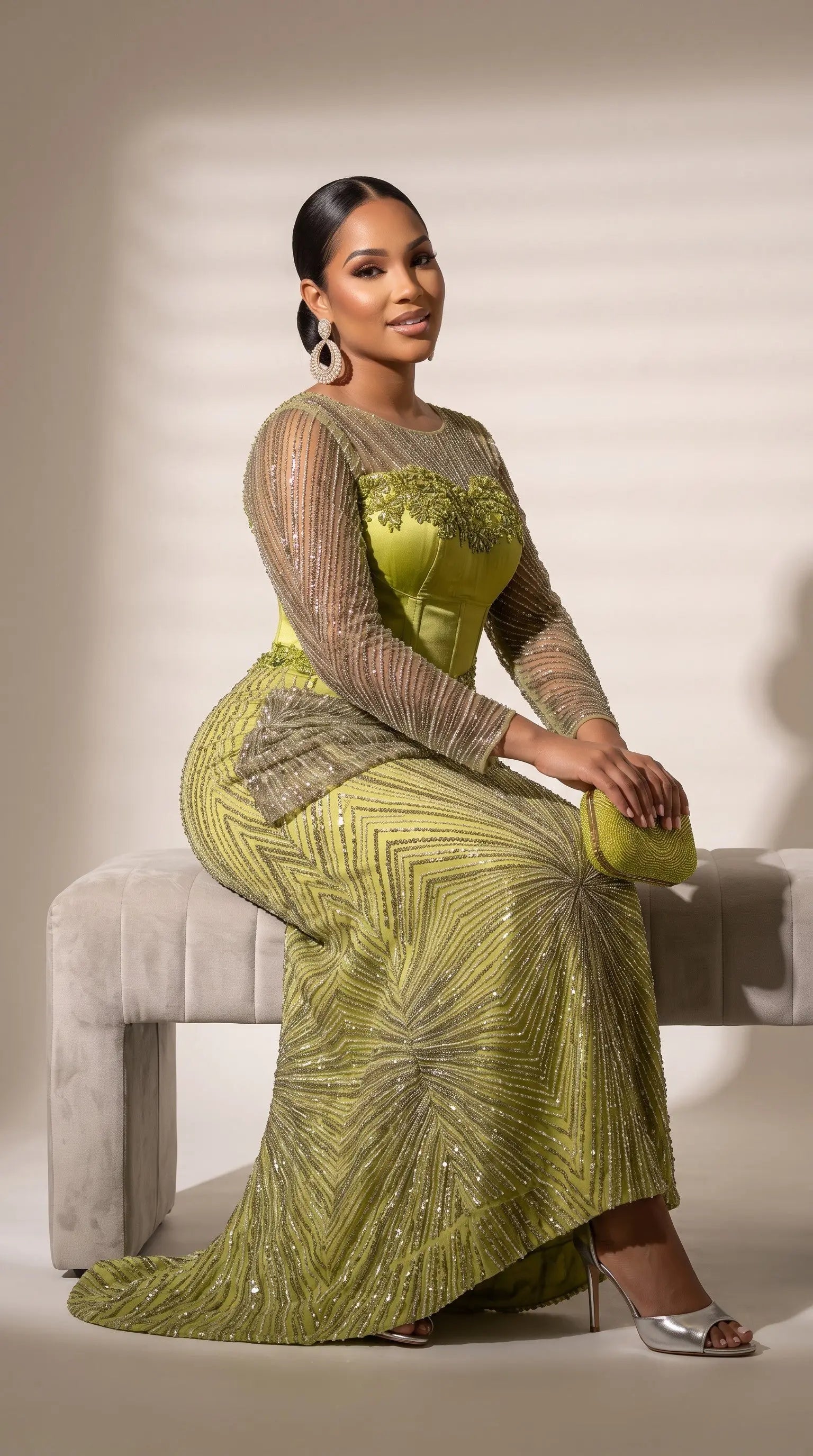 lime green african dress Nailah Heavily Beaded Satin dress-style-kimono