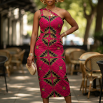 Elegant Lumina Red Black Gold Ankara Cross-Off-Shoulder Dress by Dupsie's African Fashion