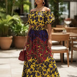 Lupita yellow and purple African print crop top and high waisted African print skirt set for women by Dupsie's African Fashion in premium cotton Kitenge fabric.