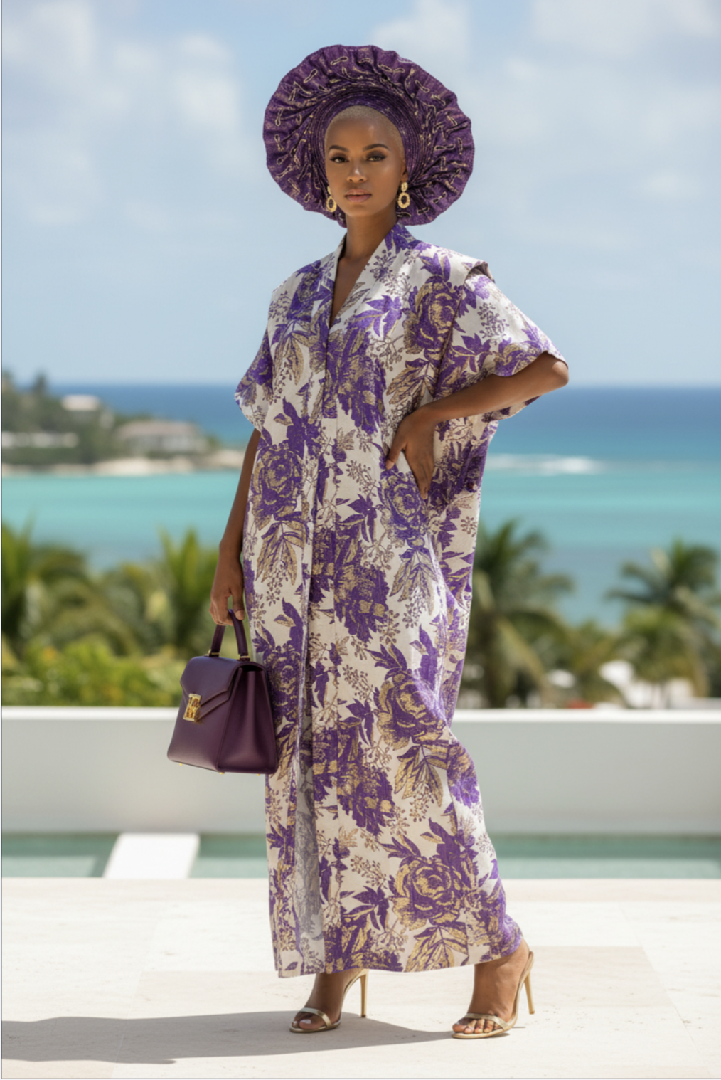 Front view of luxury African dress boubou style by Dupsie’s African Fashion, purple and gold African boubou dress 