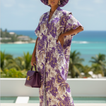 Front view of luxury African dress boubou style by Dupsie’s African Fashion, purple and gold African boubou dress 