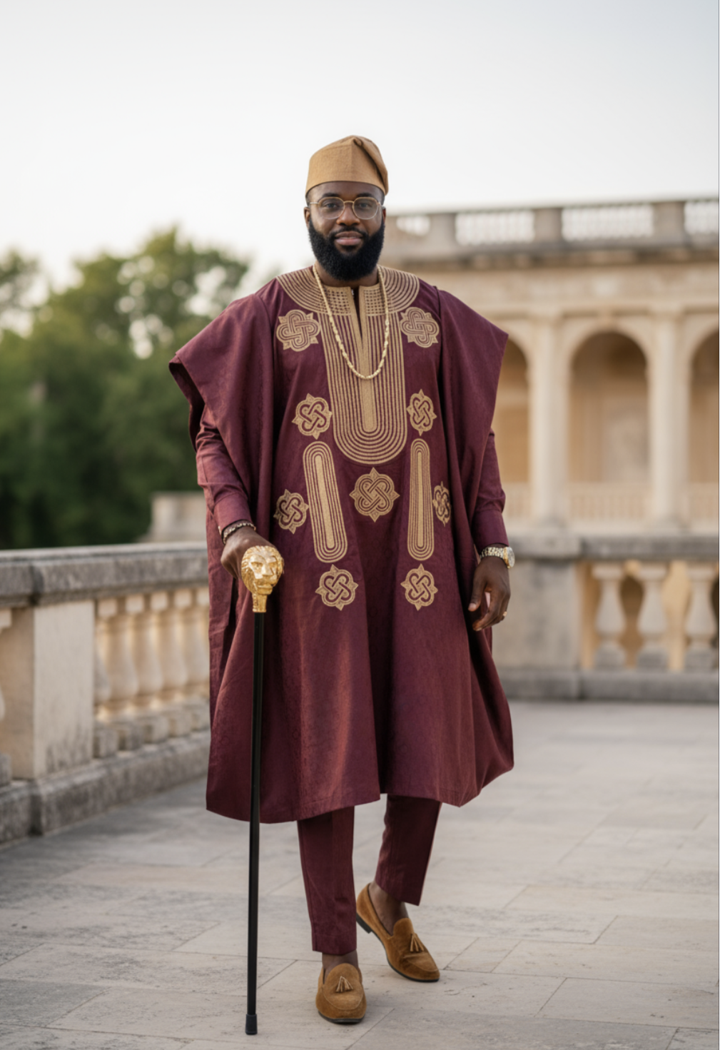 Majestic Burgundy Agbada Ensemble with Tan Embroidery by Dupsie's African Fashion
