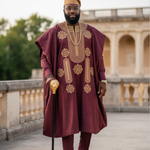 Majestic Burgundy Agbada Ensemble with Tan Embroidery by Dupsie's African Fashion