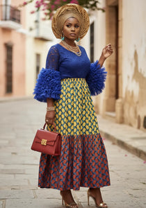 Mariam – Royal Blue Rhinestoned Lace Bodice with Multicolored African Print Design Dress by Dupsie's DPDRBLA3 | African Fashion