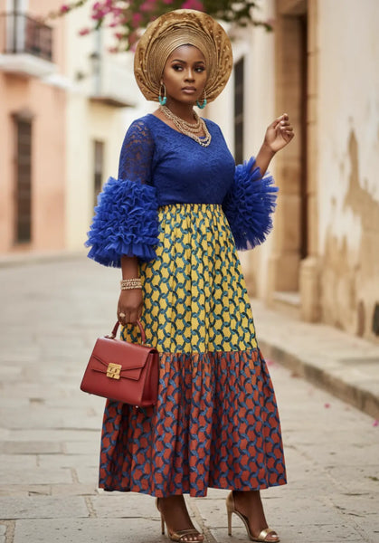 royal blue print dress Mariam – Rhinestoned Lace Bodice with Multicolored African Design by Dupsie's DPDRBLA3 | African Fashion | Dupsie's Color:Dark Gray ZAPAKA Women Black Long tag-template142 collected feel — the
