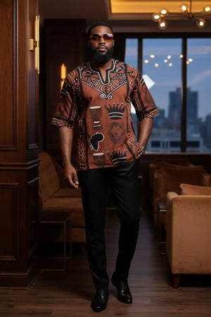 Masake Brown Bogolanfini Mud Cloth Dashiki Shirt for Men | African