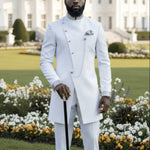 Masam all-white African slim-fit suit for men by Dupsie’s African Fashion with bishop collar and rhinestone trim.