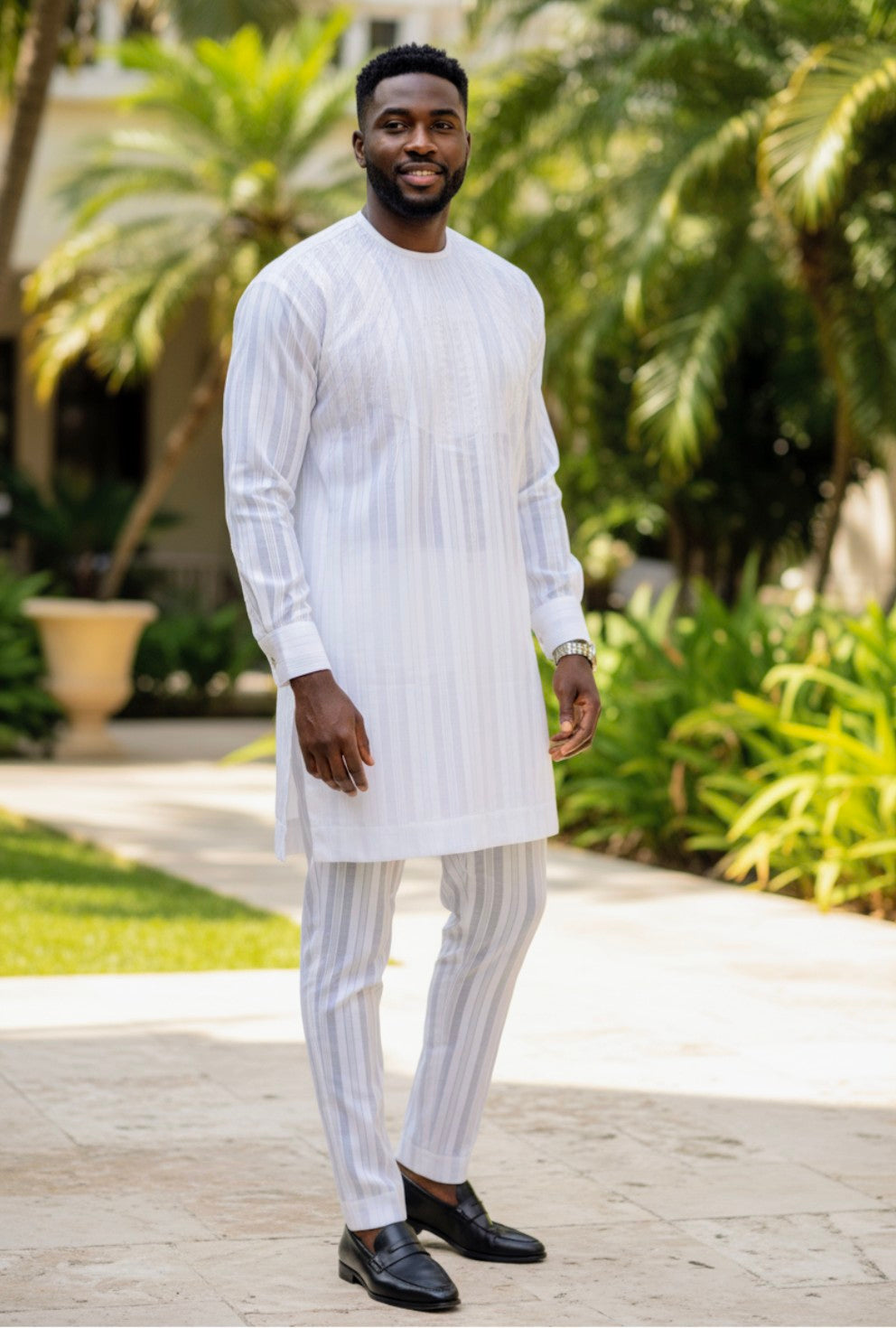 Matching Drawstring Pants in White Atiku Stripe