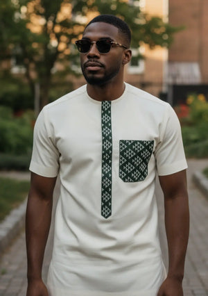 Yori Off-White & Green African Embroidery Neckline – Exquisite Tradition Meets Modern Style DPPOWGE12