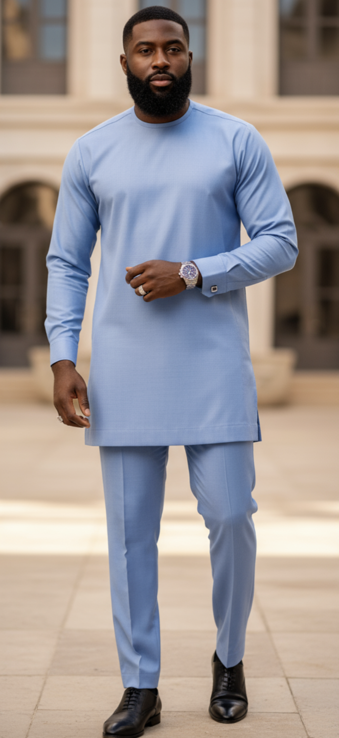 Men’s African fashion set including Agbada, Dashiki top, and pants.